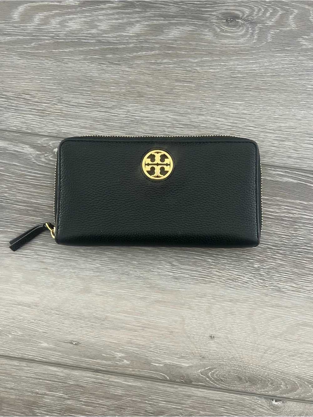 Tory Burch Black Leather Zip Wallet with Gold Logo Medallion